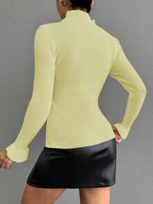 EURMUSE Women's Casual Solid Color Ruffle Hem Ribbed Knit Sweater, Autumn/Winter - Pale Yellow - View 2