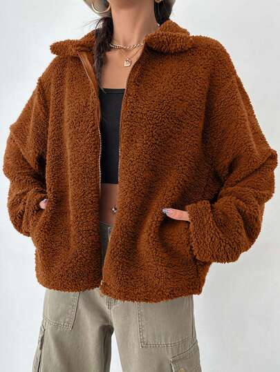 EURMUSE Women's Zip Up Drop Shoulder Teddy Plus Size Coat