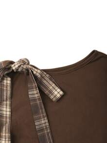 Franclia Plus Size Women Long Sleeve Knit Top And Plaid Skirt Set, Collegiate Style Outfit For Young Ladies, Commute Or Date, Slimming 2 Pieces Set Brown Clothes Brown Skirts Brown Two Piece Set Women Plaid Two Piece Set Two Piece Women Sets Skirt - Coffee Brown - View 3