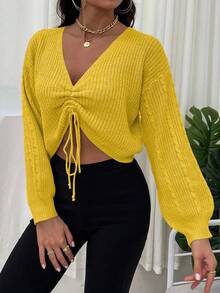 SHEIN Unity Sweater Pullover Wanita Kasual Warna Polos Leher V Lipit Bahu Jatuh - Kuning - View 3