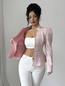 Elenzga Áo khoác dài tay ôm dáng thanh lịch dành cho nữ có nút trang trí bằng kim loại, thiết kế túi giả, tay bồng, phù hợp cho mùa xuân và mùa thu - Hồng - Xem 7