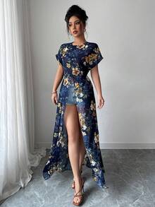 Elenzga Women's Floral Print Round Neck Short Sleeve Slit Hem Long Shirt For Vacation