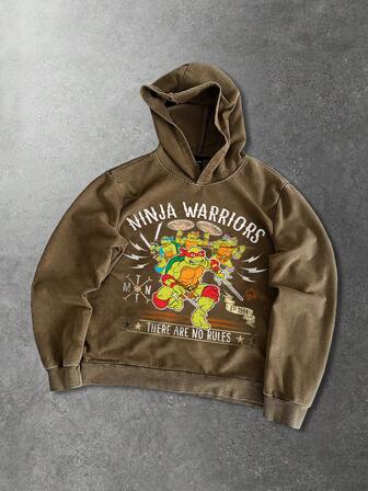 TEENAGE MUTANT NINJA TURTLES X ROMWE Sudadera con capucha de forro polar con gráfico de tortuga y letra, casual para hombre, otoño
