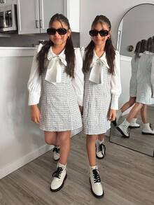 SHEIN فستان أنيق للفتيات المراهقات مع ياقة وأكمام منتفخة، بتصميم ألوان متباينة وقماش صوفي مربع النقشة، مناسب للارتداء اليومي - أبيض - مشاهدة 5