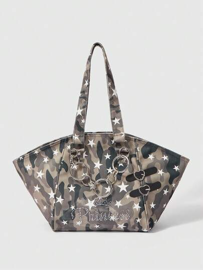 ROMWE Grunge Punk Y2K Camouflage Star Print Tote Bag, With Punk Metal Chain, Rhinestone Princess Letter, Women's Street Shoulder Bag