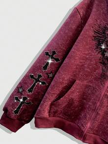 ROMWE MEN Goth 男士秋季街头哥特风水钻十字图案抓绒连帽卫衣，长袖上衣 - 彩色 - 查看 3