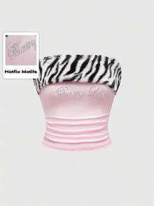 ROMWE J-Fashion Gyaru 女士紧身短款上衣，采用兔毛印花拼接，水钻装饰斑马图案，无缝粉色