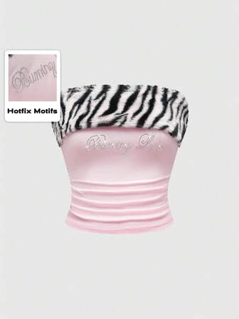 J-Fashion Top fasciante corto da donna in stile gyaru, con stampa patchwork in pelliccia di coniglio, decorato con strass a motivo zebrato, senza cuciture in colore rosa