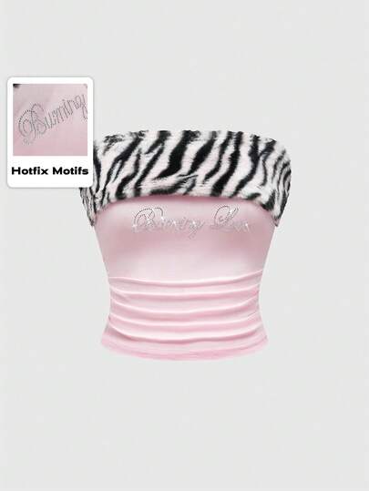 J-Fashion Gyaru Bodycon Crop Top For Women, Featuring Rabbit Fur Printed Patchwork, Rhinestone Decor Zebra Pattern, Seamless In Pink Color