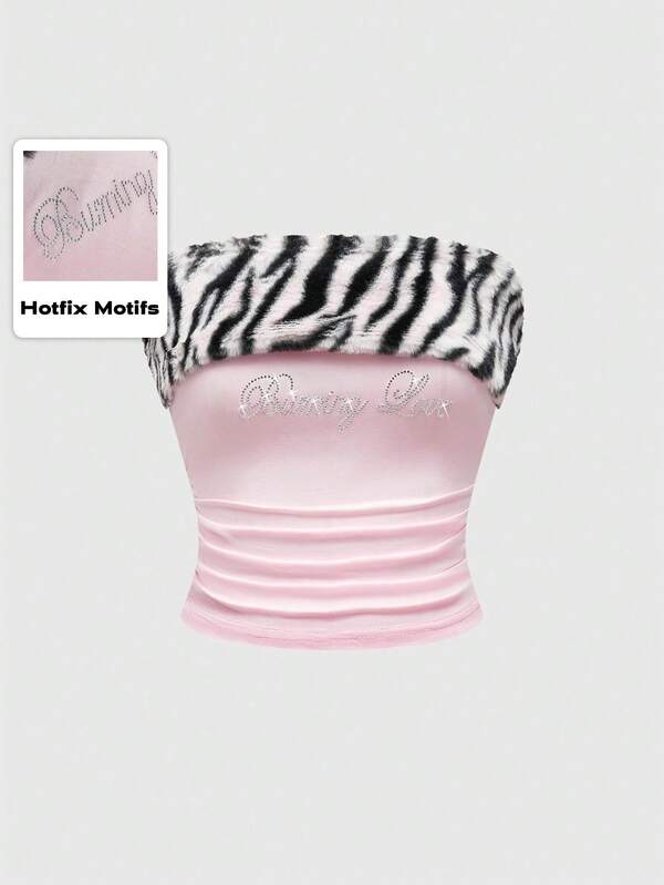 ROMWE J-Fashion Top corto ajustado tipo "gyaru" para mujeres, con estampado de parche de piel de conejo, decoración de rhinestones con diseño de cebra, sin costuras en color rosa