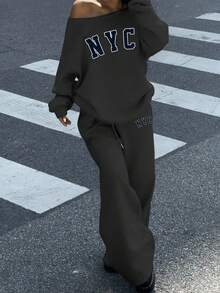 SHEIN EZwear Bộ 2 áo nỉ trễ vai rộng rãi và quần dài thể thao ống rộng cho nữ, lớp lót giữ nhiệt dày, thích hợp cho mùa thu/đông - Màu xám đen - Xem 3