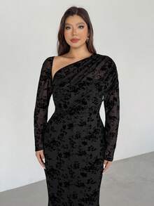 Firerie Váy dài tay co giãn họa tiết hoa thanh lịch dành cho nữ cỡ lớn, thoải mái, phù hợp cho các buổi hẹn hò, tiệc tùng, dạ hội - màu đen - Xem 10