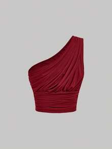 SHEIN MOD 3pcs Women's Elastic Fitted Short Ruffle Shoulder Tops,Red Top,Christmas,Red Tops For Women - Burgundy - View 9