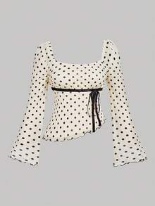 SHEIN MOD Áo thun lưới tay loe chấm bi trắng cổ điển thanh lịch cỡ lớn. Áo thun lưới cổ vuông chấm bi tay loe nơ cho nữ, Áo đi chơi, Sinh nhật, Câu lạc bộ, Gợi cảm, Y2K, Hòa nhạc đồng quê - Nhiều màu - Xem 2