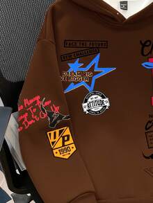 Manfinity Joysei 男士休闲字母印花连帽卫衣，秋冬季长袖上衣 - 棕色 - 查看 5