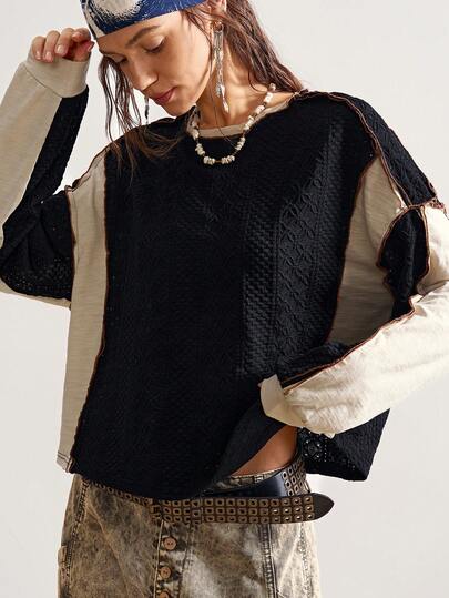 Bohemela 波西米亚风休闲针织拼色圆领宽松女式上衣