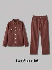 Maija 女士休闲通勤牛仔上衣和裤子套装 - 棕色 - 查看 1