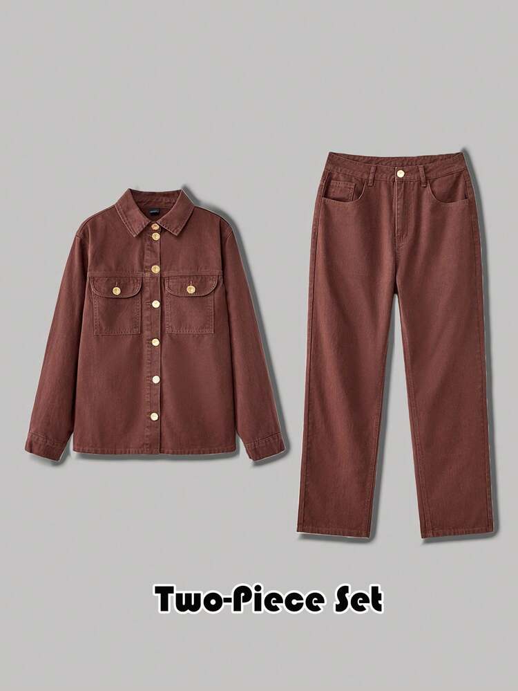 SHEIN Maija Women's Brown Denim Winter Two-Piece Suit: Long-Sleeved Shirt And Tapered Pants Old Money Style Thanksgiving Set