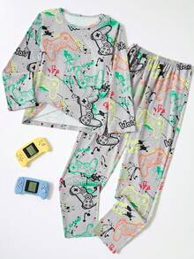 2 件套青少年男孩电子游戏印花睡衣套装 - 长裤和长袖上衣 - 深灰色 - 查看 4