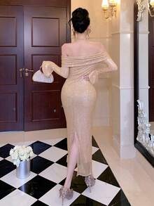 DAZY 优雅亮片装饰露肩喇叭袖荷叶边下摆拼接香槟/金色鸡尾酒礼服，适合新年、圣诞节、婚礼、派对、时尚活动等场合，闪亮礼服 - 香檳色 - 查看 6