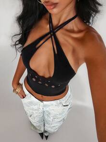 Jeanoix Women's Sexy Punk Style Burgundy Halter Hollow Back Tank Top - Black - View 1