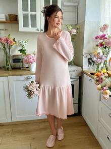 SHEIN Camisón de cuello redondo de manga larga con volantes de punto de gofre de unicolor, para invierno