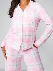 Missguided x Playboy 纽扣前格子睡衣套装长袖上衣搭配阔腿睡裤家居服 - 彩色 - 查看 3