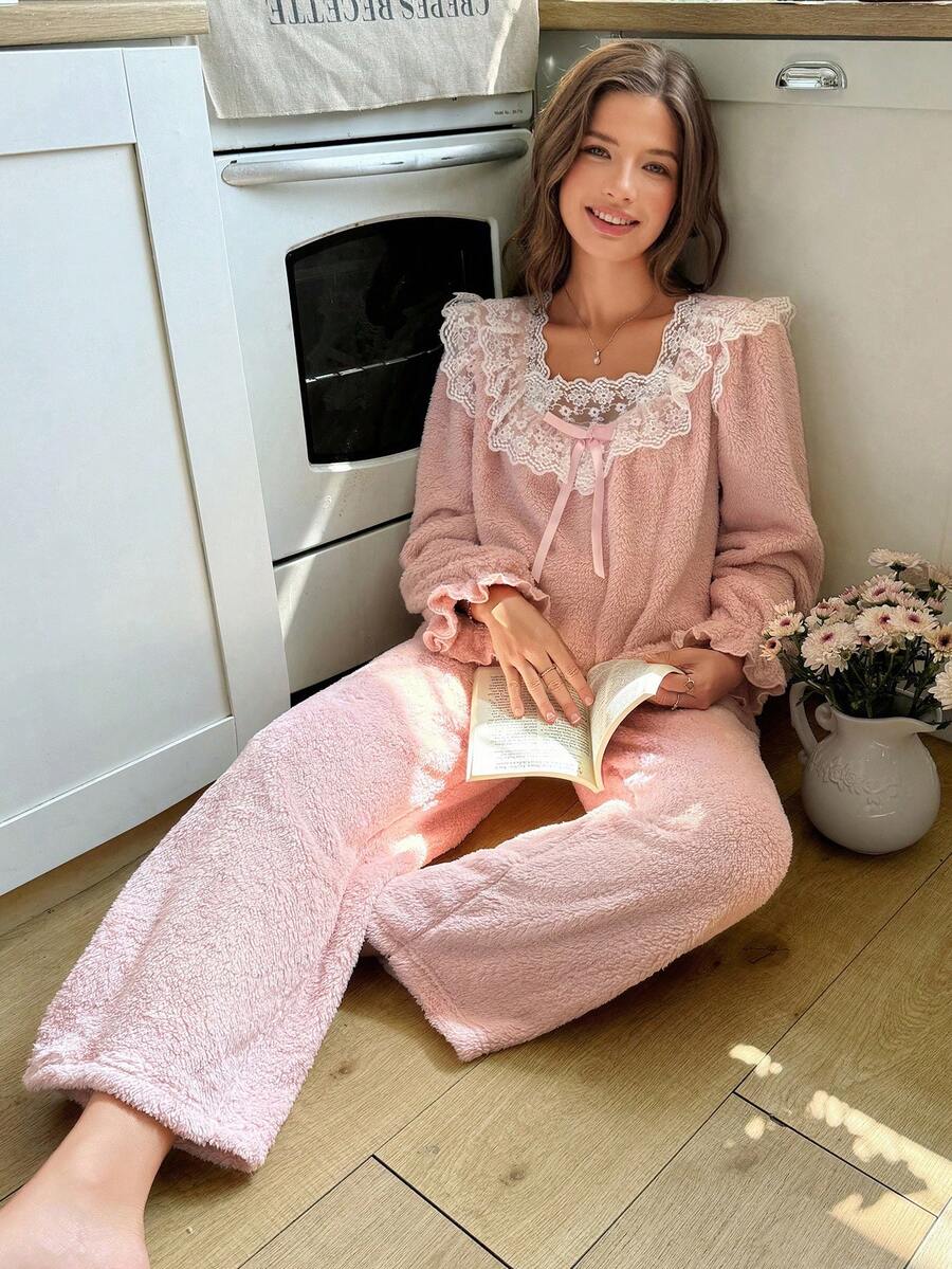 SHEIN Women's Cozy Embroidered Floral Decor Long Sleeve Top & Pants Fluffy Pajama Set, Autumn/Winter Lace Pj Set Lace Sleepwear Soft Fluffy Pajamas Set Sleep Wear Women Set - Pink - View 1