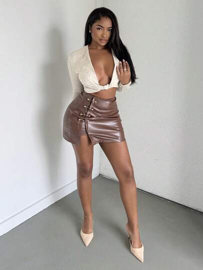 Alexandranx Brown Side Slit Metallic Trim Faux Leather A-Line Skirt, Going Out Skirt, Vintage Skirt, Fall Outfits, Sexy Skirt, Leather Skirt