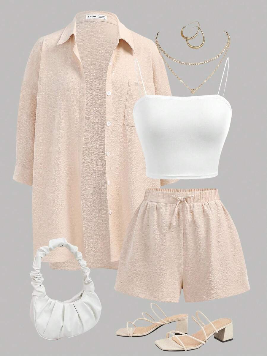 SHEIN Girlism 3 件套青少年女孩休闲白色吊带背心、短裤和衬衫 - 卡其色 - 查看 1