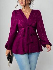 Elenzga 大码女式V领半透明长袖交叉蝴蝶结腰部优雅衬衫 - 酒紅色 - 查看 4