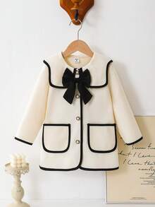 Elladie kids Young Girls Woolen Cardigan Jacket, Fashion Drawstring Decor 3D Bow Accent With Pearl Buttons, Suitable For Vintage, Elegant And Cute Daily Wear - Apricot - View 3