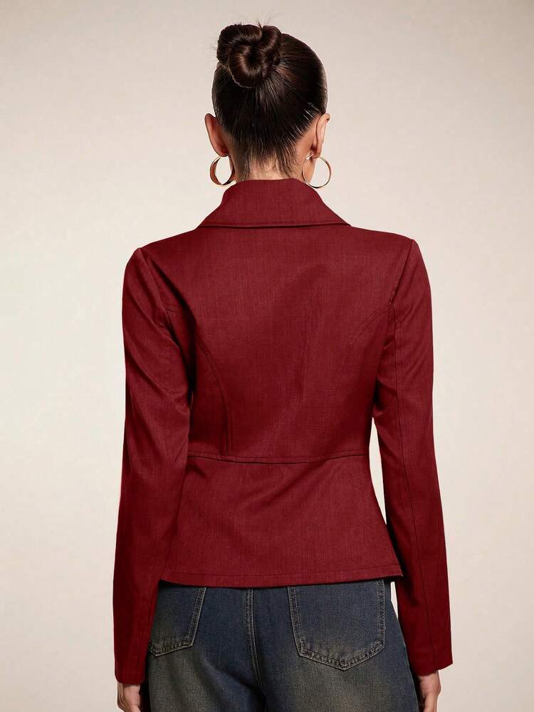 Glamine 女士前开衩纽扣优雅长袖外套，纯色女式外套，时尚圣诞女装，秋冬季百搭感恩节外套 - 酒紅色 - 查看 3
