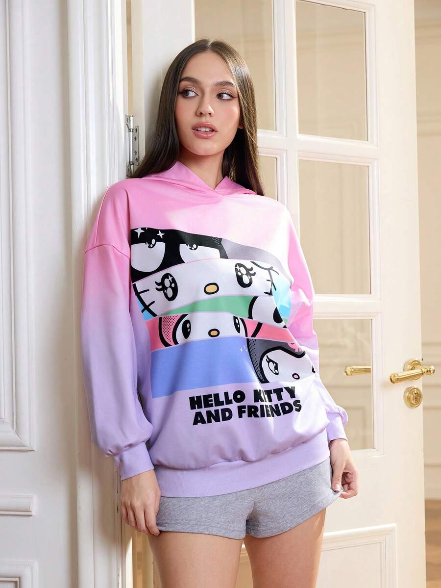 HELLO KITTY AND FRIENDS | SHEIN 女士休闲渐变卡通图案卫衣,秋季卫衣,大码女式印花卫衣,可爱卫衣,女式卫衣,可爱卫衣,印花卫衣 - 彩色 - 查看 1