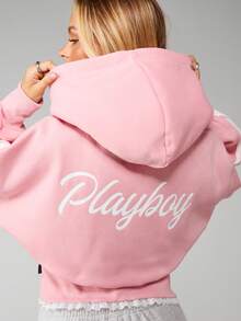 Missguided x Playboy Sudadera con capucha con cremallera, con texto bordado y detalle de encaje para mujer - Rosa - View 1