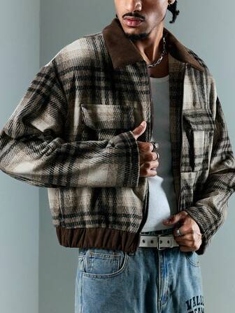 Street Life Men's Casual Plaid Patchwork Short Thick Overcoat