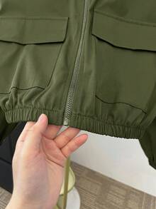 SHEIN Teen Girl Solid Color Patch Pocket Loose Fit Casual Hooded Jacket Teen Jacket Girls Cute Jacket Cropped Jacket Jacket Zip Up Jacket Girl - Army Green - View 4