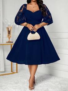 SHEIN Lady CURVE Váy dài tay màu trơn cỡ lớn, tối giản và thời trang, phù hợp cho mùa hè Váy lễ Phục sinh cho nữ Váy tốt nghiệp Váy dự tiệc cưới cho nữ Váy dự tiệc cưới cho nữ Váy công sở thường ngày cho nữ - Màu xanh hải quân - Xem 7
