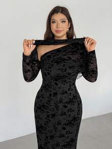 Firerie Váy dài tay co giãn họa tiết hoa thanh lịch dành cho nữ cỡ lớn, thoải mái, phù hợp cho các buổi hẹn hò, tiệc tùng, dạ hội - màu đen - Xem 11