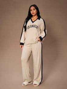 Lazeform Große Größen Amerikanischer Lässig Strukturierter Stoff Buchstaben-Muster V-Ausschnitt Langarm Pyjama Set für Damen, Herbst & Winter Kleidung - Aprikosenfarben - Übersicht 5