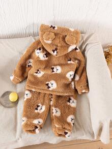 2 件套少女柔软毛绒熊印花连帽开衫和裤子睡衣套装，舒适时尚秋冬家居服 - 棕色 - 查看 2
