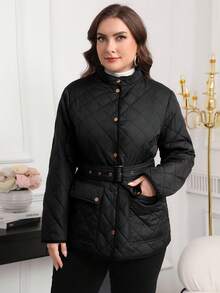 Ellevyn 加大码方形绗缝夹克，黑色，收腰设计，配有搭扣，休闲通勤商务优雅复古绗缝夹克，秋冬外套 - 黑色 - 查看 4