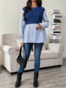 SHEIN Maternity Casual Striped Patchwork Nursing Top, Autumn