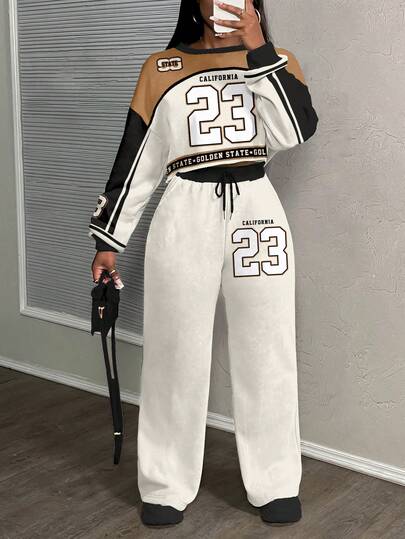 Slaydiva 秋季大码休闲拼色数字印花运动衫和运动裤套装