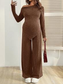 SHEIN 2pcs Maternity Casual Solid Color Asymmetric Hem Top And Pants Set, Autumn - Brown - View 5