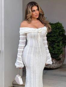 Maria Perezxox 茶歇装 甜美优雅连衣裙 露肩长袖连衣裙 约会装 3D花裙 - 白色 - 查看 5