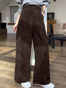 DAZY Celana Panjang Korduroi Wanita Model Longgar dengan Kaki Lebar dan Saku - Coffee Brown - View 4