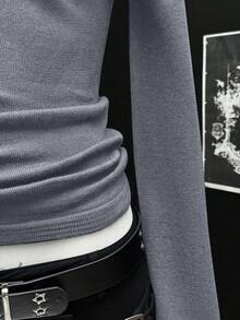 EgrlEra 女士纯色露肩长袖荷叶边时尚毛衣，秋冬季 - 灰色 - 查看 5