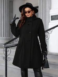 Ellevyn 大码女式纯色双排扣口袋褶皱连帽大衣，秋冬 - 黑色 - 查看 3