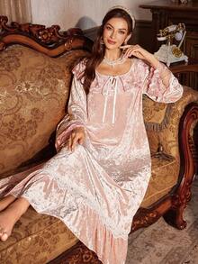 PalaceNights 女士宽松长袖睡裙，天鹅绒刺绣花卉饰边，荷叶边下摆，秋冬睡衣，宽松睡裙 - 粉色 - 查看 3